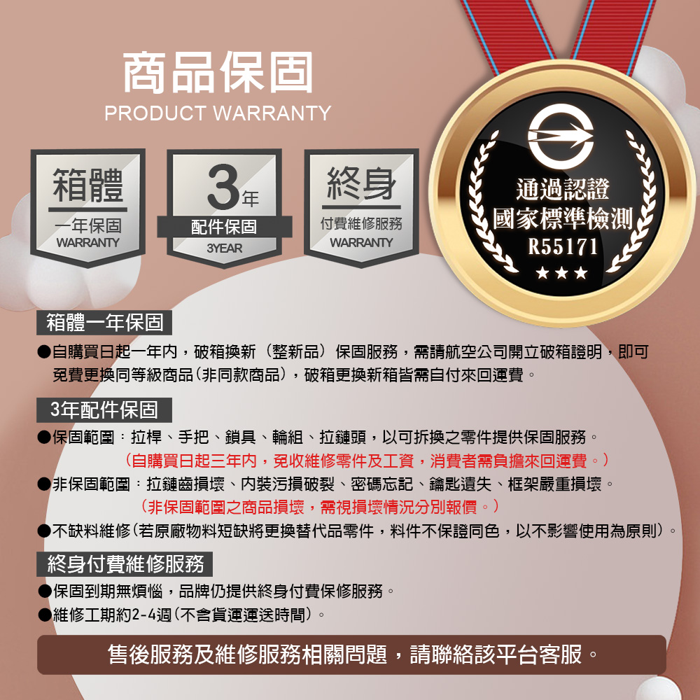 商品保固PRODUCT WARRANTY箱體終身一年保固配件保固WARRANTY付費維修服務WARRANTY3YEAR通過認證 國家標準檢測R55171箱體一年保固自購買日起一年内,破箱換新(整新品)保固服務,需請航空公司開立破箱證明,即可免費更換同等級商品(非同款商品),破箱更換新箱皆需自付來回運費3年配件保固保固範圍:拉桿、手把、鎖具、輪組、拉鏈頭,以可拆換之零件提供保固服務,(自購買日起三年內,免收維修零件及工資,消費者需負擔來回運費。非保固範圍:拉鏈齒損壞、內裝污損破裂、密碼忘記、鑰匙遺失、框架嚴重損壞。(非保固範圍之商品損壞,需視損壞情況分別報價。)不缺料維修(若原廠物料短缺將更換替代品零件,料件不保證同色,以不影響使用為原則)終身付費維修服務保固到期無煩惱,品牌仍提供終身付費保修服務。維修工期約2-4週(不含貨運運送時間)。售後服務及維修服務相關問題,請聯絡該平台客服。。
