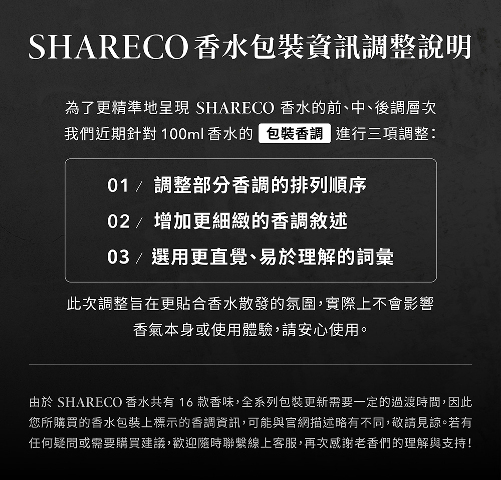 由於 SHARECO 香水共有 16款香味,全系列包裝更新需要一定的過渡時間,因此