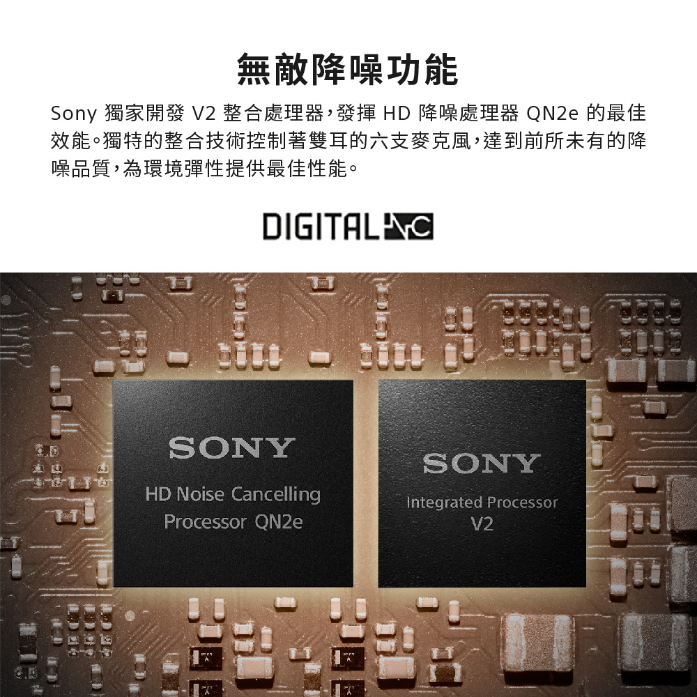 無敵降噪功能 Sony 獨家開發 V2 整合處理器,發揮 HD 降噪處理器 QNze 的最佳 效能。獨特的整合技術控制著雙耳的六支麥克風,達到前所未有的降 噪品質,為環境彈性提供最佳性能。 