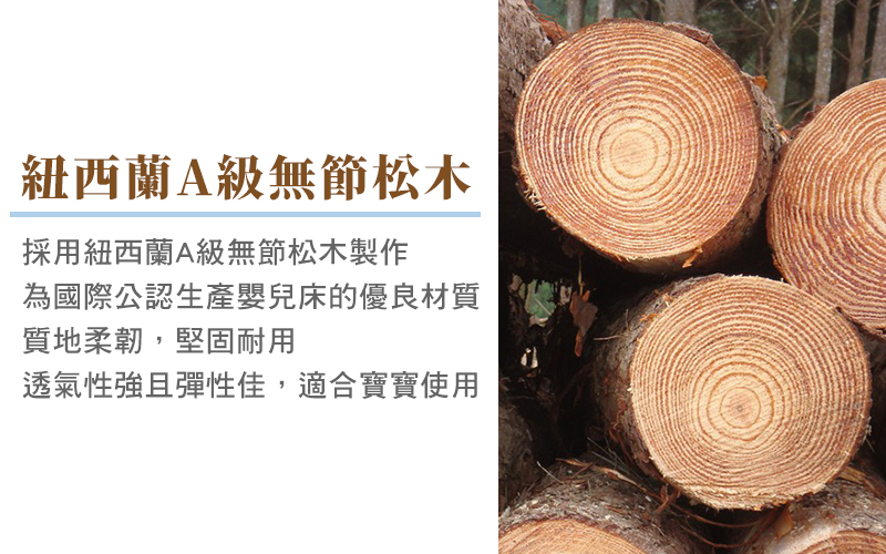 紐西蘭A級無節松木 採用紐西蘭A級無節松木製作 為國際公認生產嬰兒床的優良材質 質地柔韌,堅固耐用 透氣性強且彈性佳,適合寶寶使用