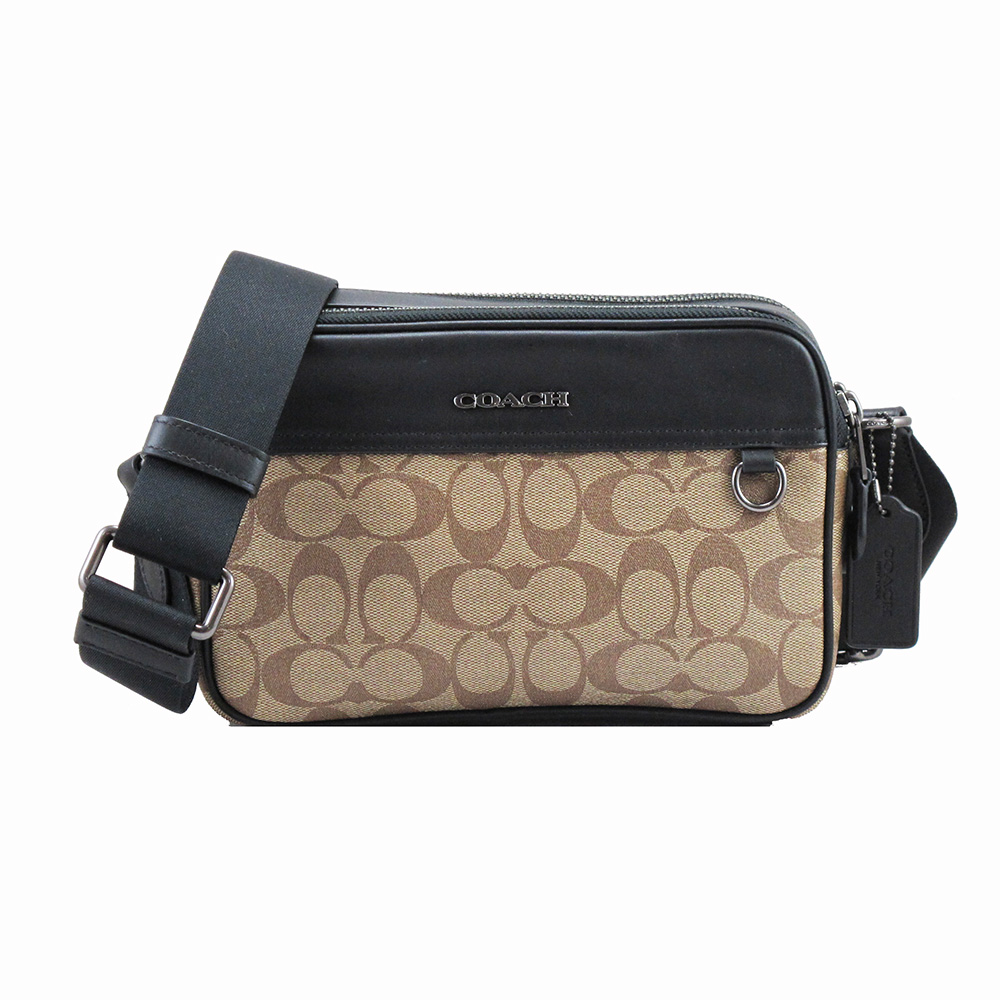 COACH 新款經典LOGO雙拉鍊多層斜背包(卡其咖內裡)優