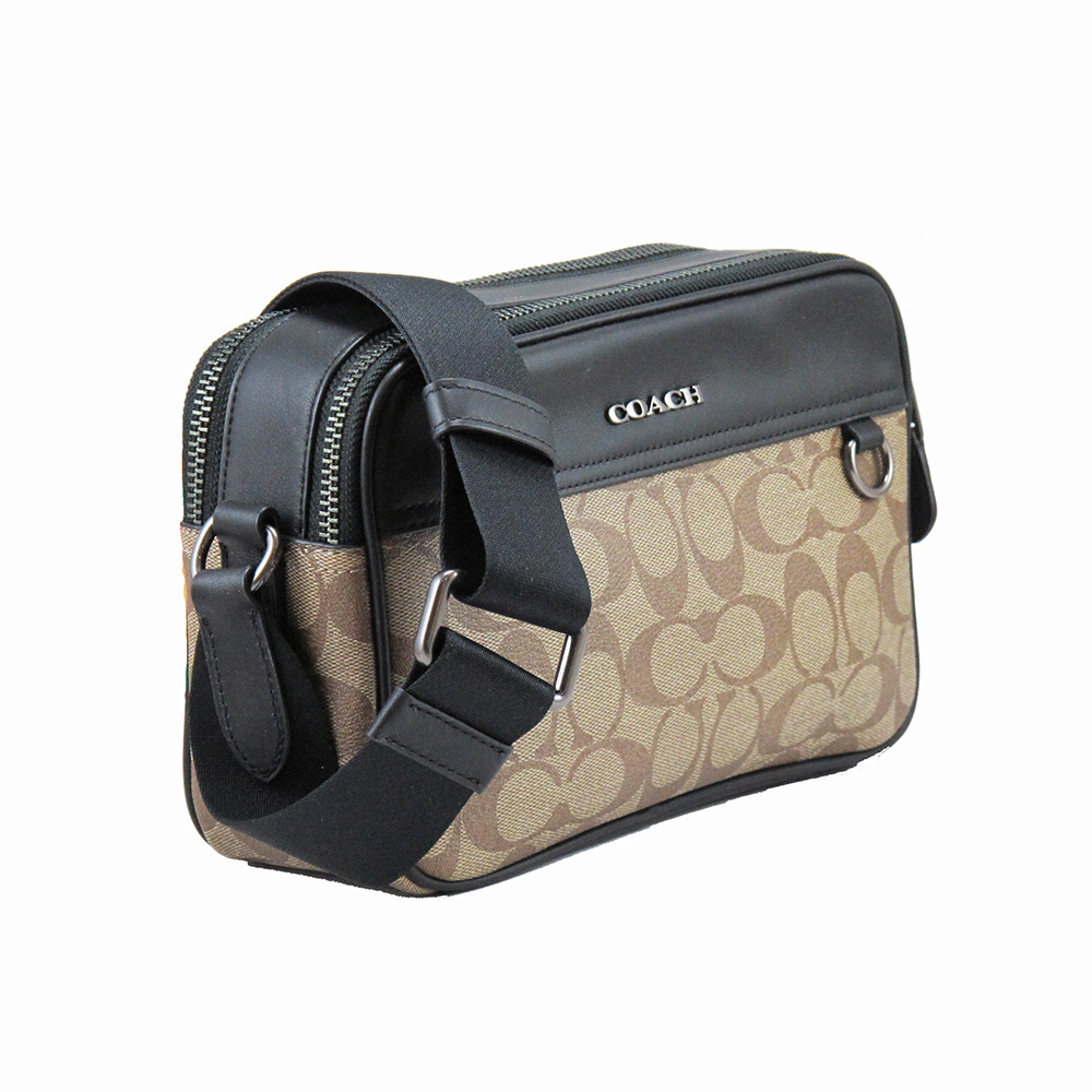 COACH 新款經典LOGO雙拉鍊多層斜背包(卡其咖內裡)優