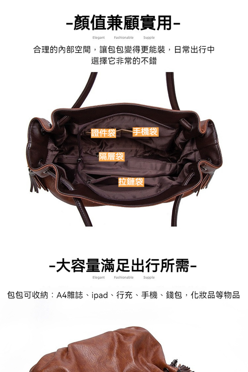 包包可收納A4雜誌、ipad、行充、手機、錢包、化妝品等物品