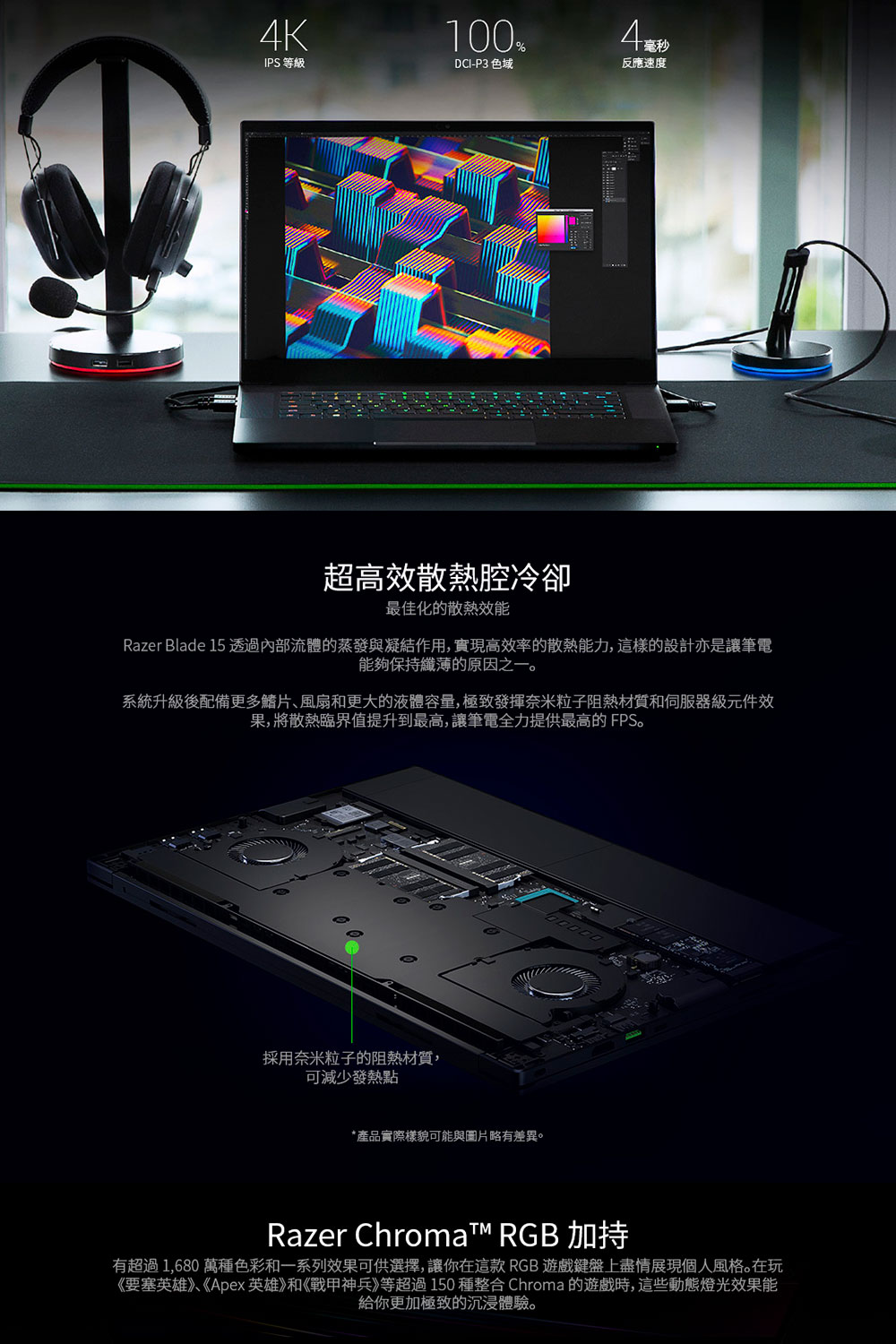 Razer Blade 15 透過內部流體的蒸發與凝結作用,實現高效率的散熱能力,這樣的設計亦是讓筆電