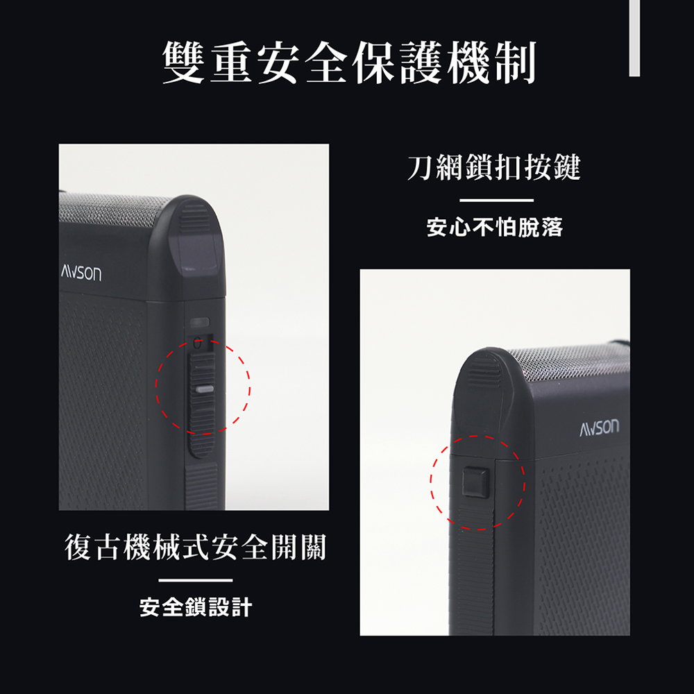 雙重安全保護機制 刀網鎖扣按鍵 安心不怕脫落 復古機械式安全開關 安全鎖設計 