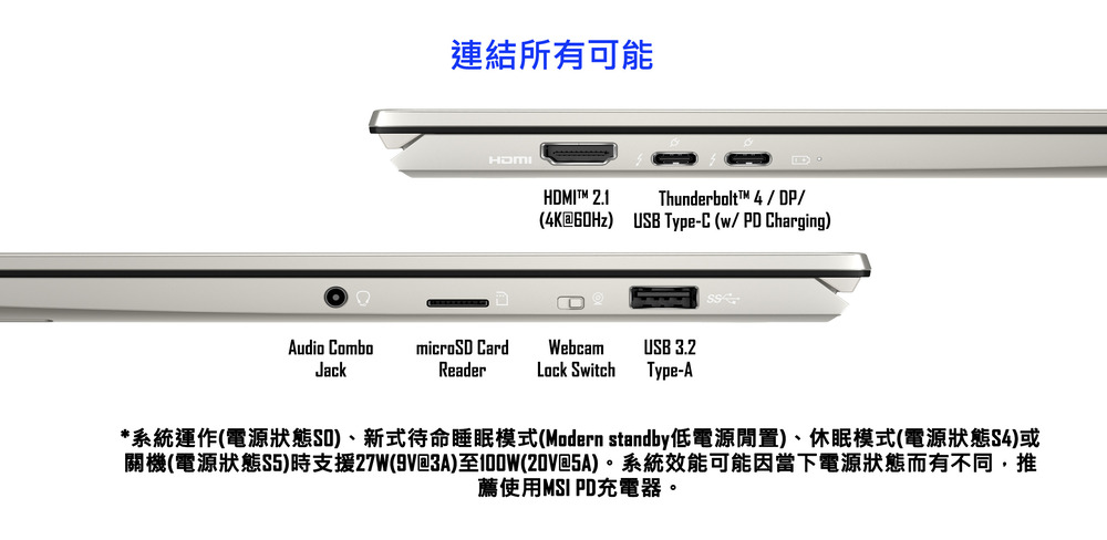 連結所有可能 系統運作電源狀態SD、新式待命睡眠模式Modern standby低電源閒置、休眠模式電源狀態S4或 關機電源狀態S5時支援27W9V3A至100W20V5A。系統效能可能因當下電源狀態而有不同,推 薦使用MSI PD充電器。 