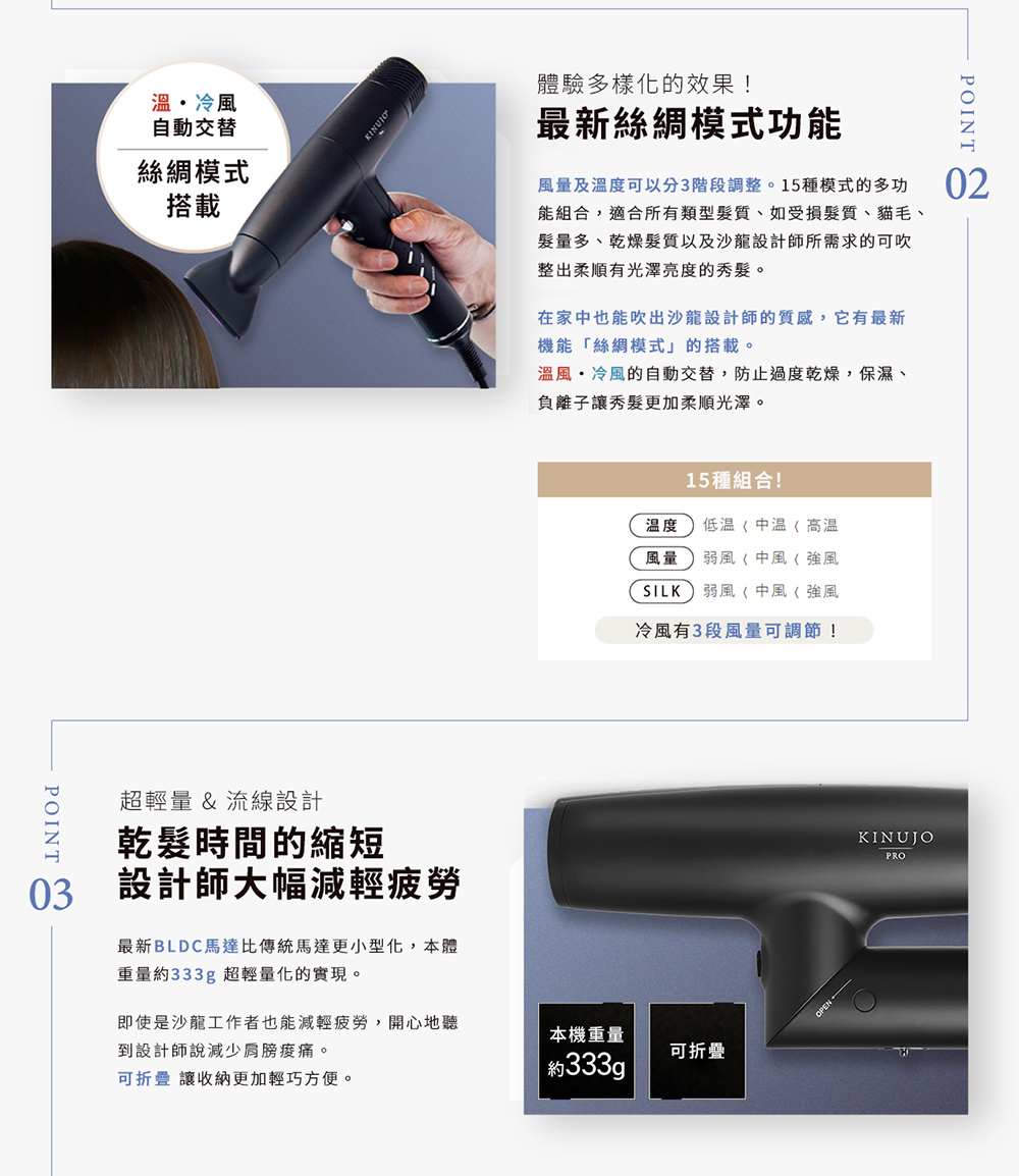 風量及溫度可以分3階段調整。15種模式的多功