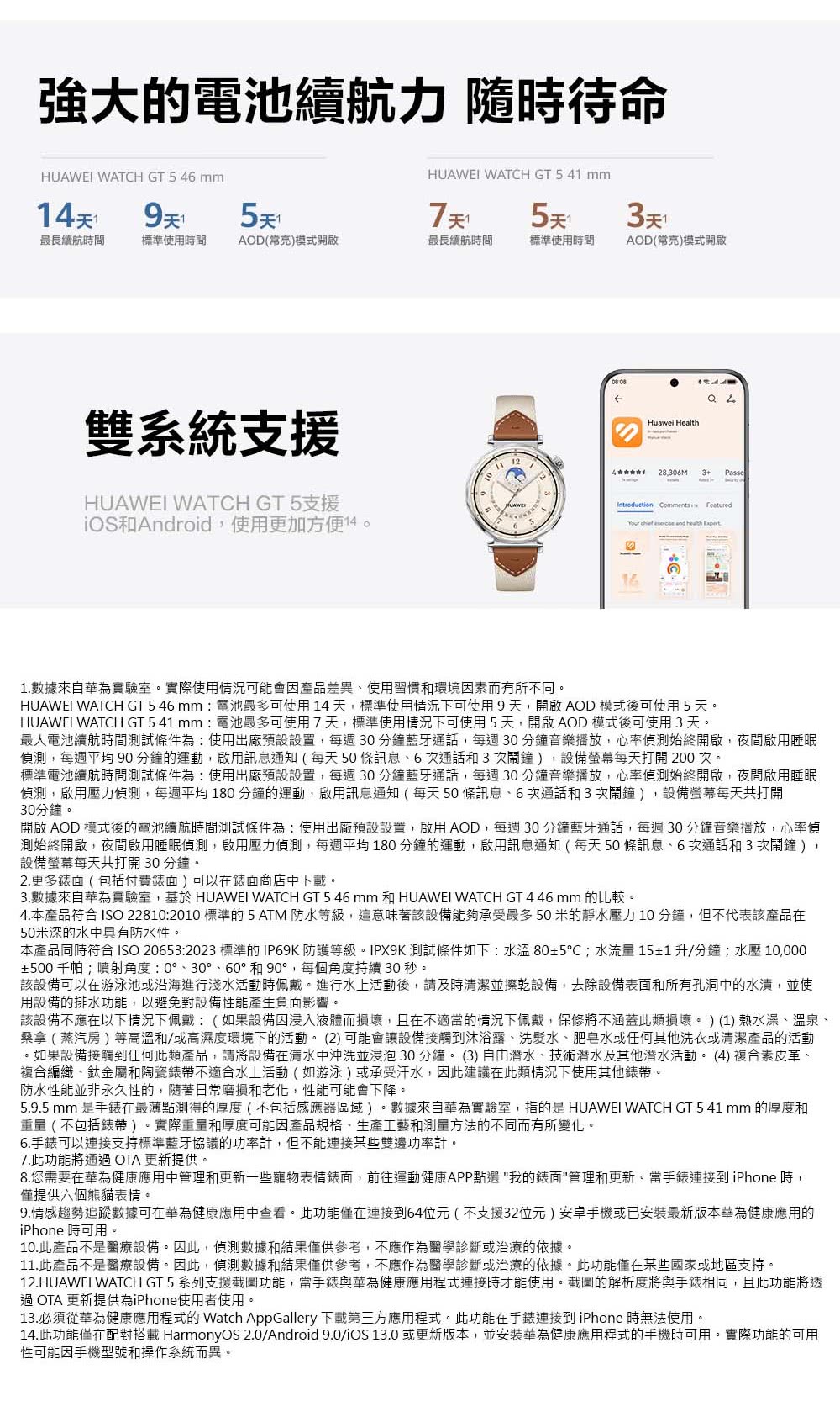 14.此功能僅在配對搭載 HarmonyOS 2.0Android 9.0iOS 13.0 或更新版本,並安裝華為健康應用程式的手機時可用。實際功能的可用