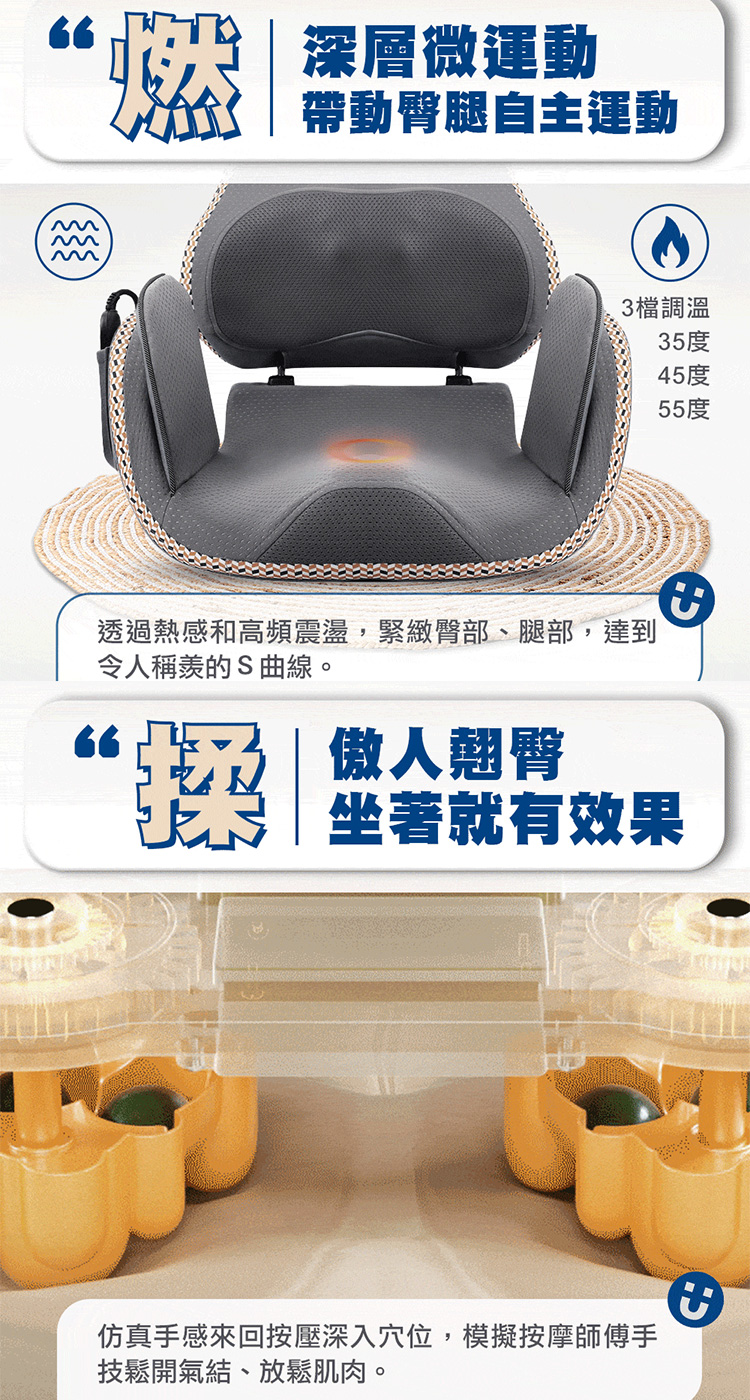 透過熱感和高頻震盪,緊緻臀部、腿部,達到