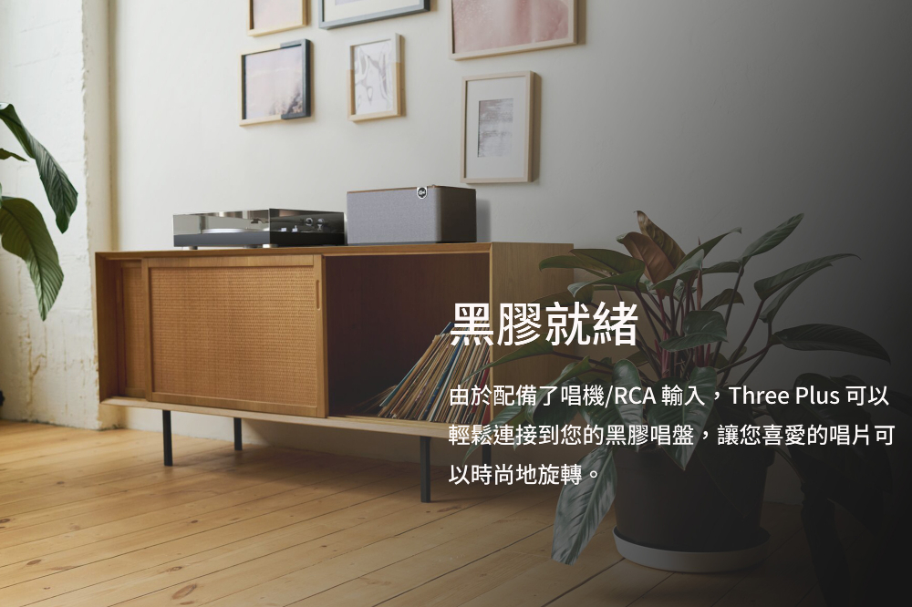黑膠就緒 由於配備了唱機RCA 輸入,Three Plus 可以 輕鬆連接到您的黑膠唱盤,讓您喜愛的唱片可 以時尚地旋轉。 