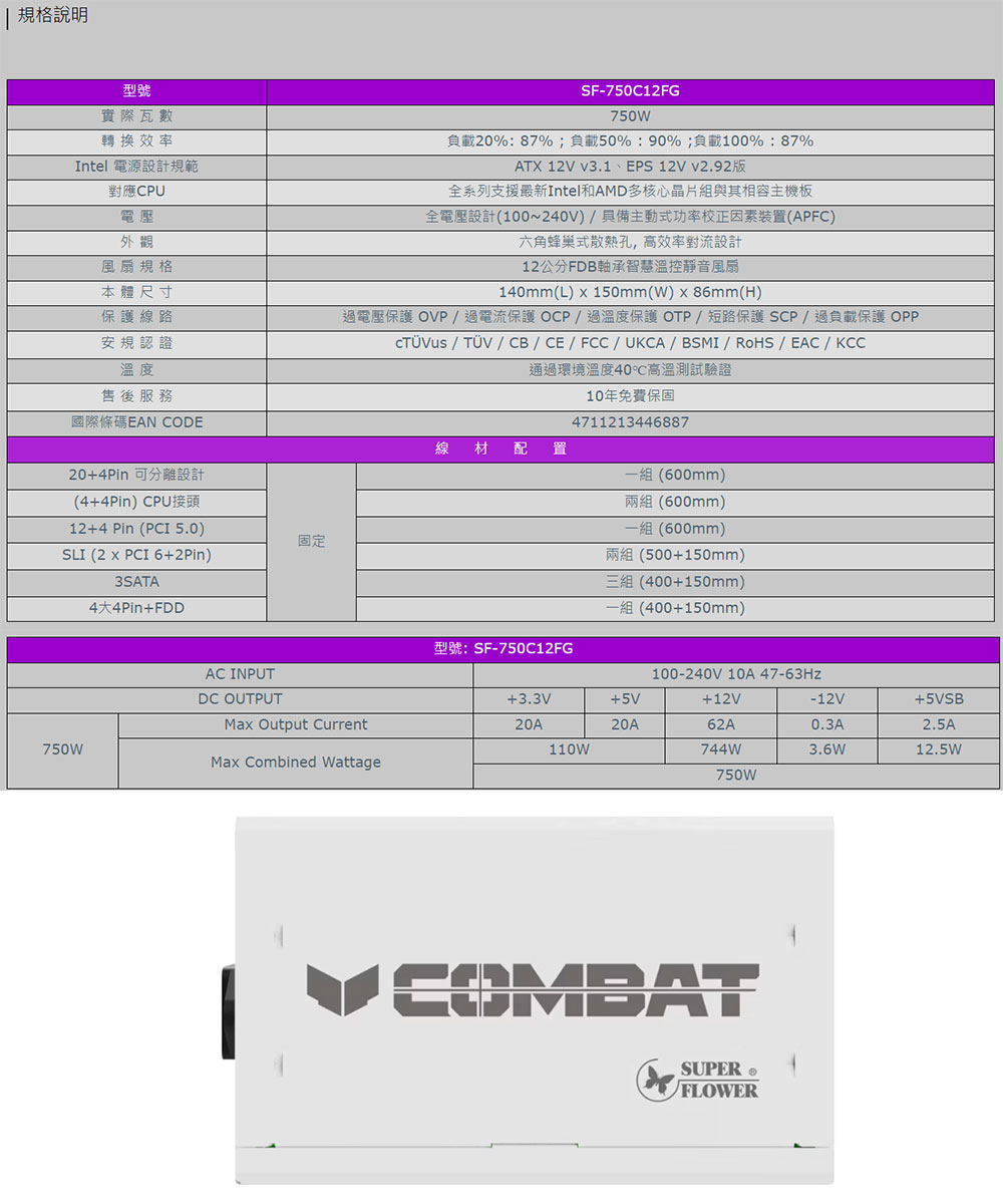 SUPERFLOWER 振華 COMBAT FG 750W 