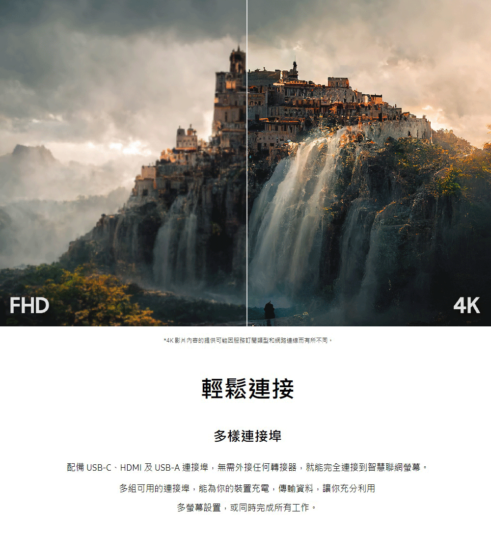配備 USBC、HDMI 及USBA 連接埠,無需外接任何轉接器,就能完全連接到智慧聯網螢幕。