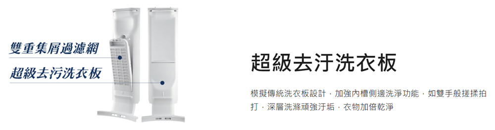 雙重集屑過濾網 超級去污洗衣板 超級去汙洗衣板 模擬傳統洗衣板設計,加強內槽側邊洗淨功能,如雙手般搓揉拍 打,深層洗滌頑強污垢,衣物加倍乾淨 