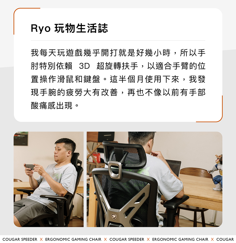 肘特別依賴 3D 超旋轉扶手,以適合手臂的位