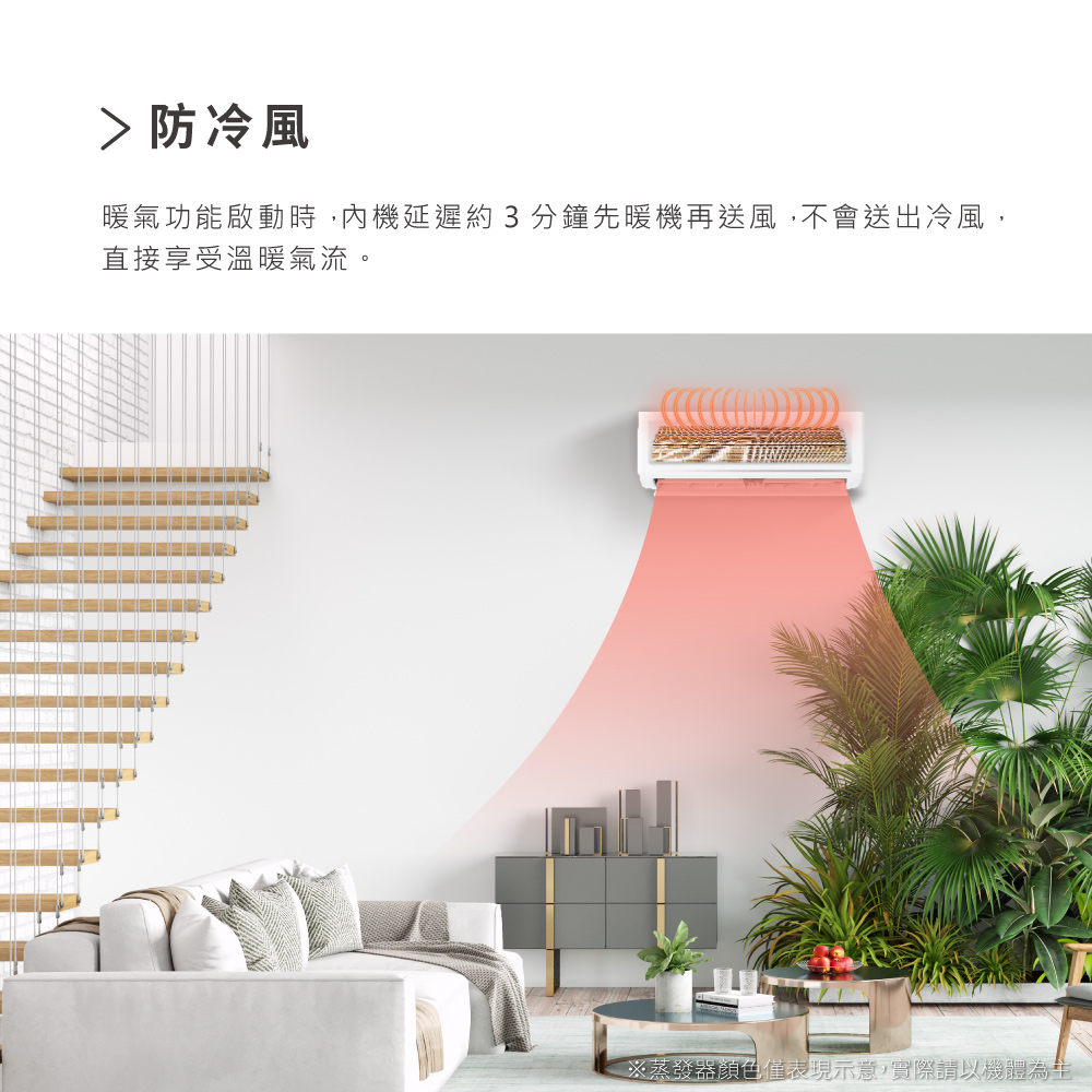 防冷風 暖氣功能啟動時,內機延遲約3分鐘先暖機再送風,不會送出冷風, 直接享受溫暖氣流。 蒸發器顏色僅表現示意,實際請以機體為主。