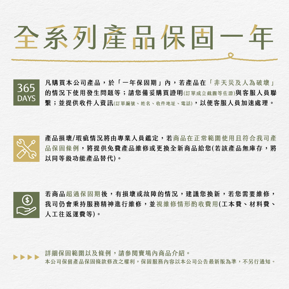 本公司保留產品保固條款修改之權利,保固服務內容以本公司公告最新版為準,不另行通知。