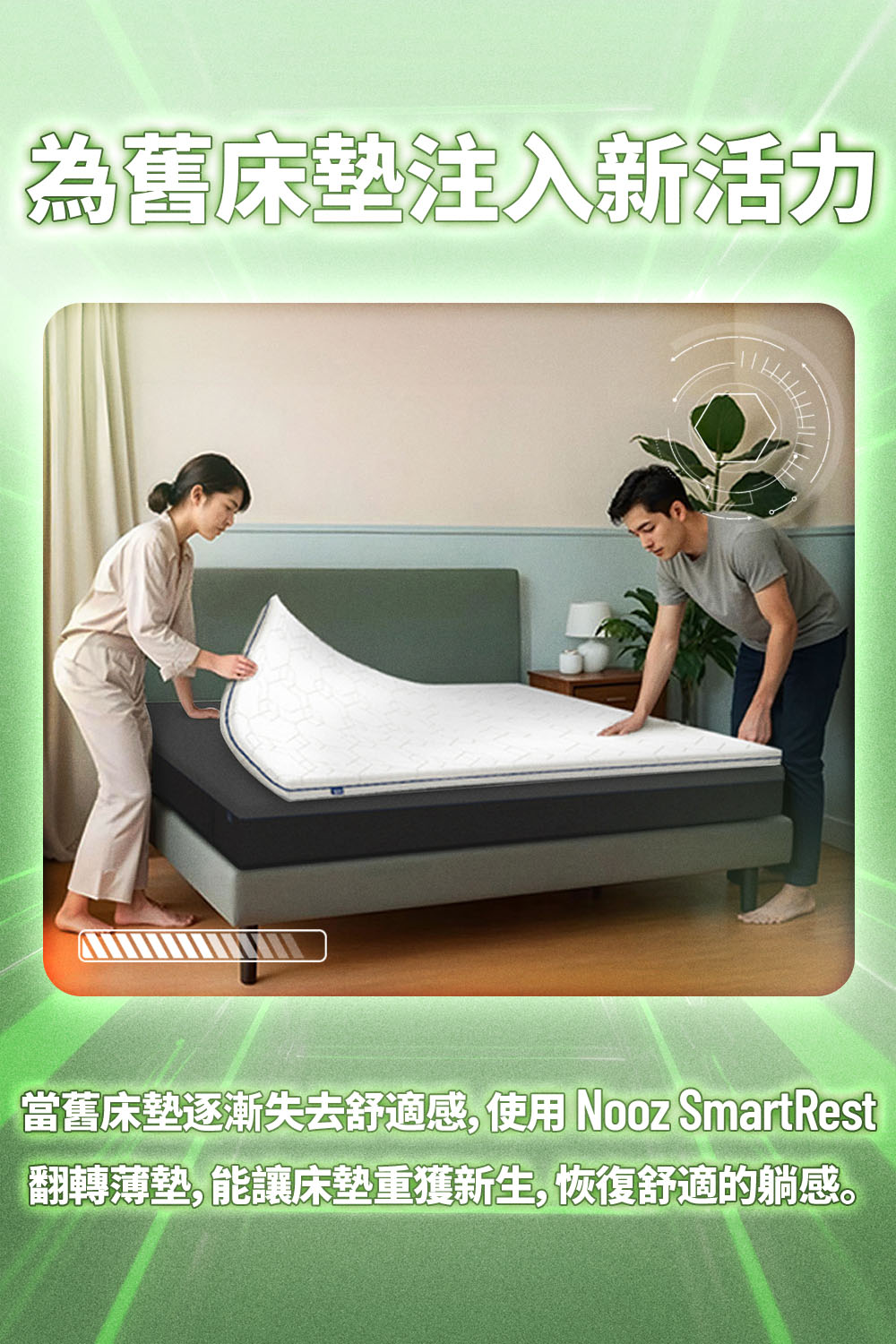 為舊床墊注入新活力 當舊床墊逐漸失去舒適感,使用 Nooz SmartRest 翻轉薄墊,能讓床墊重獲新生,恢復舒適的躺感。 