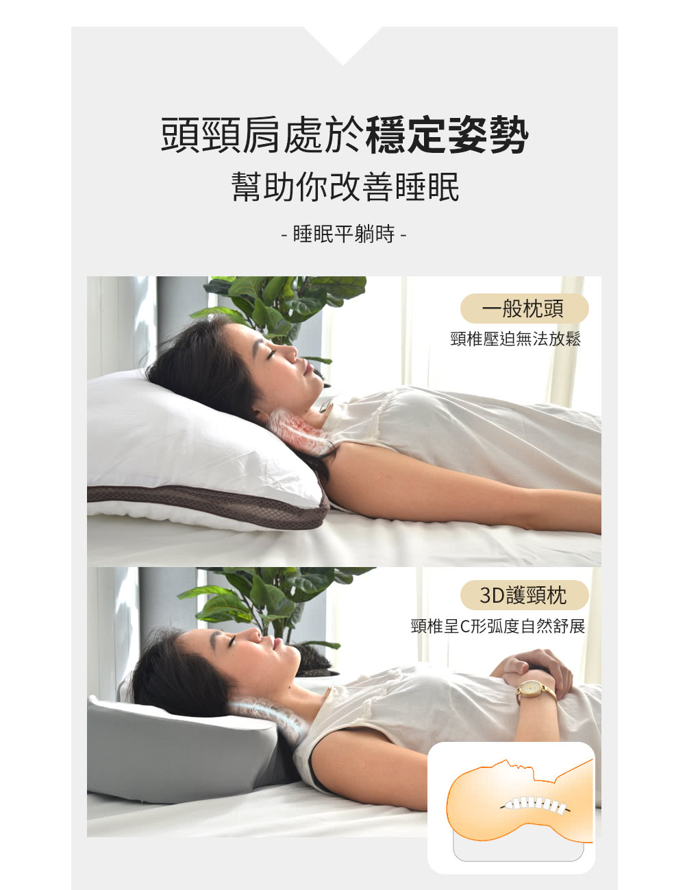 頸椎呈C形弧度自然舒展