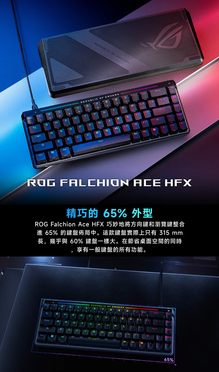 精巧的 65% 外型 ROG Falchion Ace HFX 巧妙地將方向鍵和瀏覽鍵整合 進 65% 的鍵盤佈局中。這款鍵盤實際上只有 315 mm 長,幾乎與 60% 鍵盤一樣大。在節省桌面空間的同時 享有一般鍵盤的所有功能。 