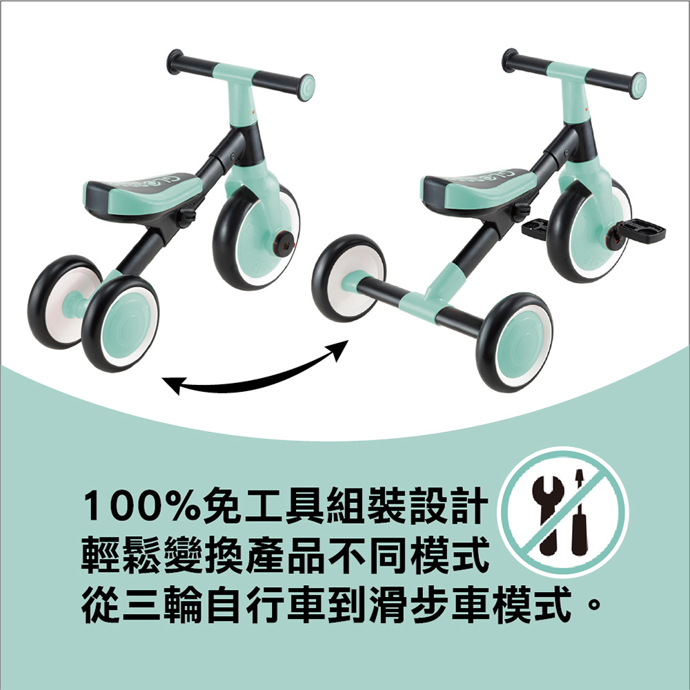 100%免工具組裝設計 輕鬆變換產品不同模式 從三輪自行車到滑步車模式。 