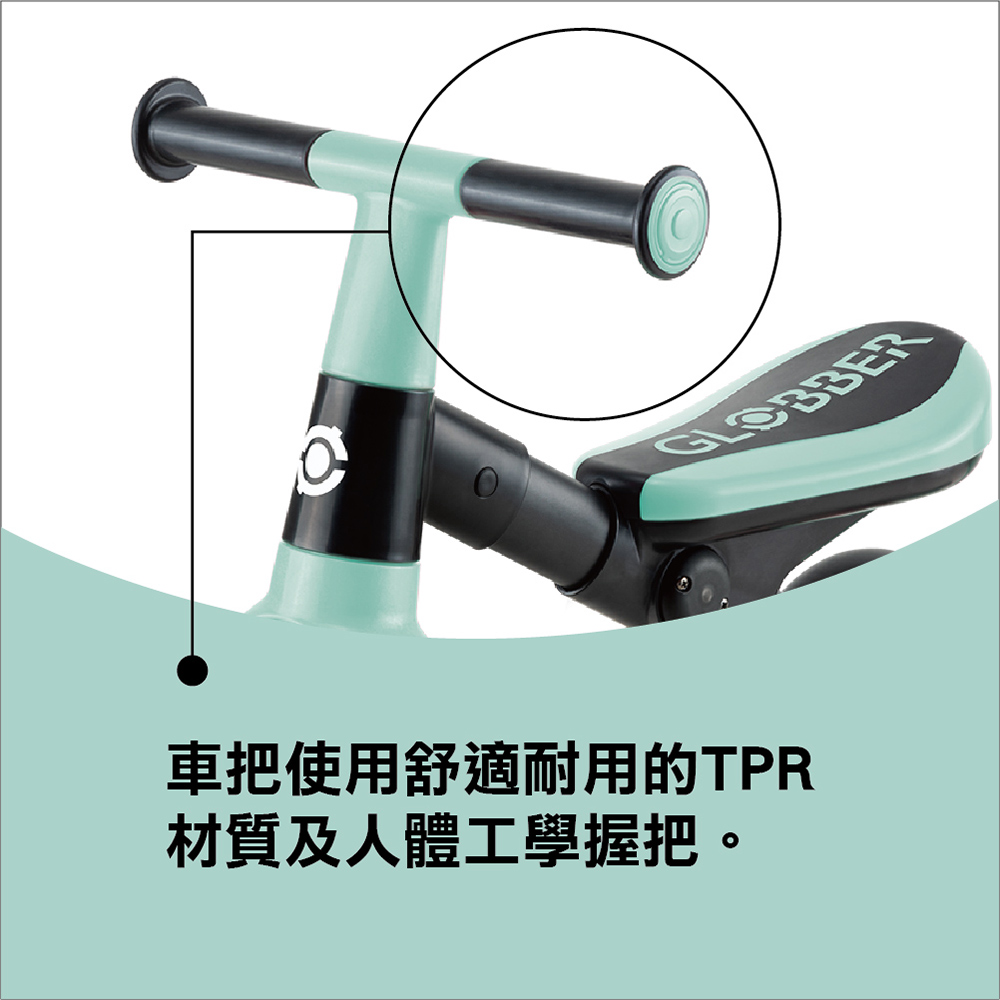 車把使用舒適耐用的TPR 材質及人體工學握把。 