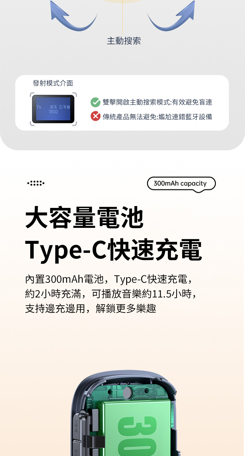 內置300mAh電池,TypeC快速充電,