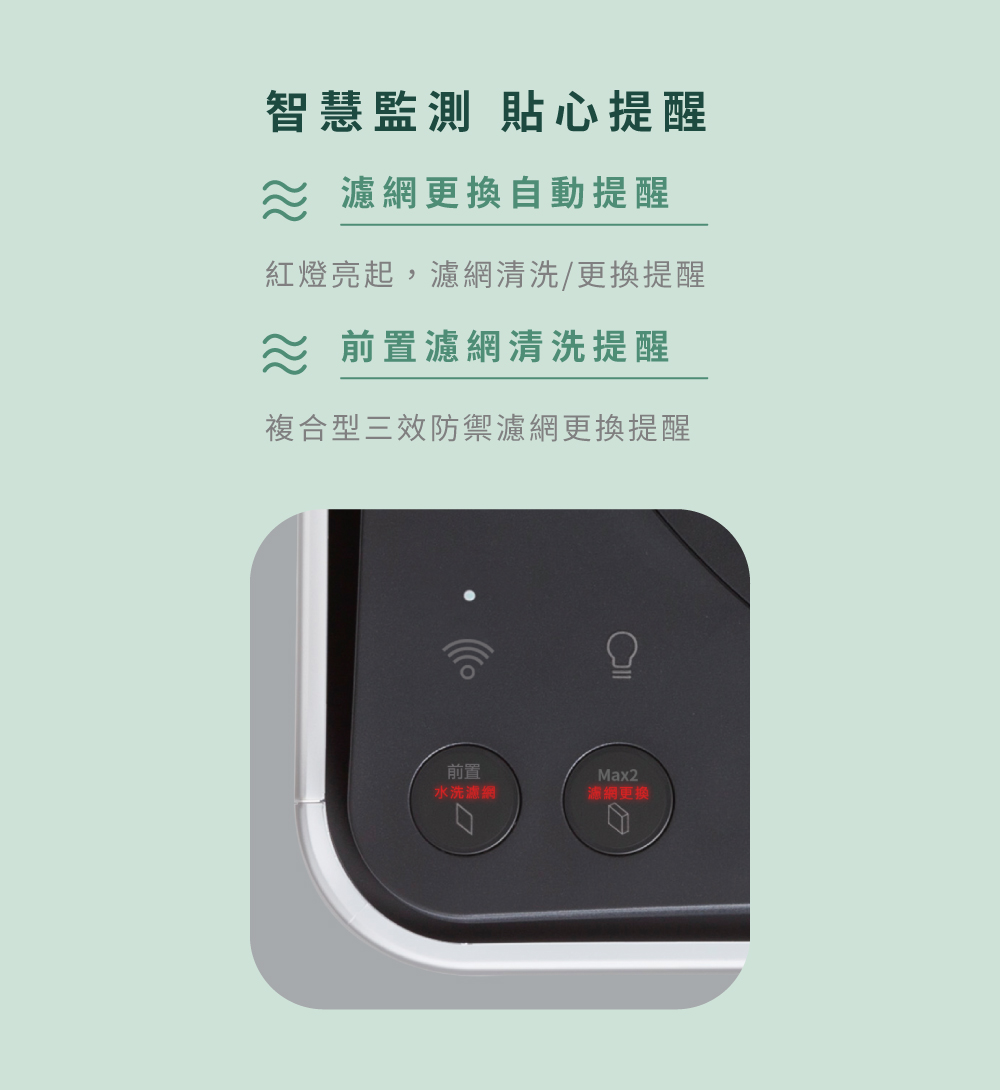 紅燈亮起,濾網清洗更換提醒
