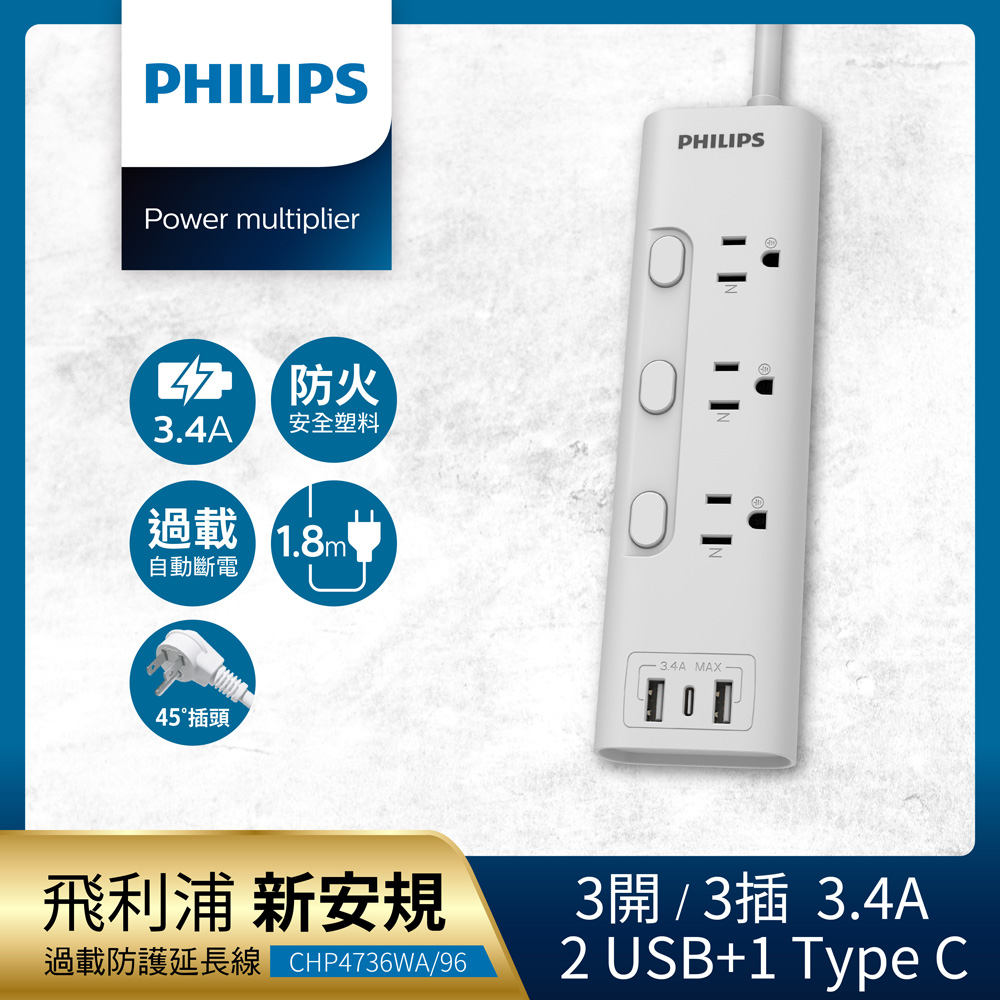 Philips 飛利浦 超值組-3開3插 3.4A 2USB