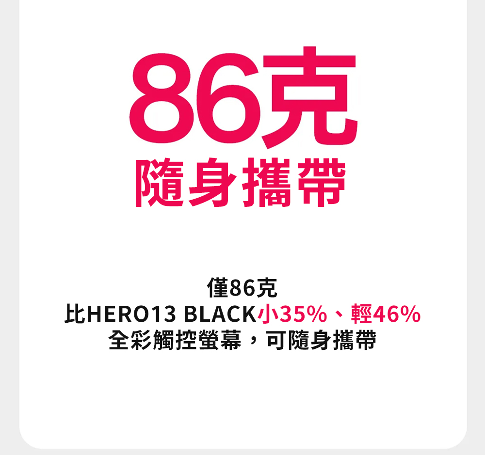 86克 隨身攜帶 僅86克 比HERO13 BLACK小35%、輕46% 全彩觸控螢幕,可隨身攜帶 