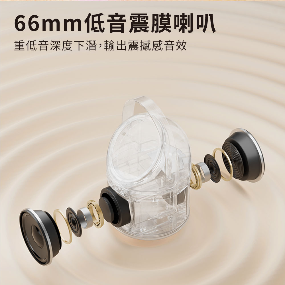 66mm低音震膜喇叭 重低音深度下潛,輸出震撼感音效 