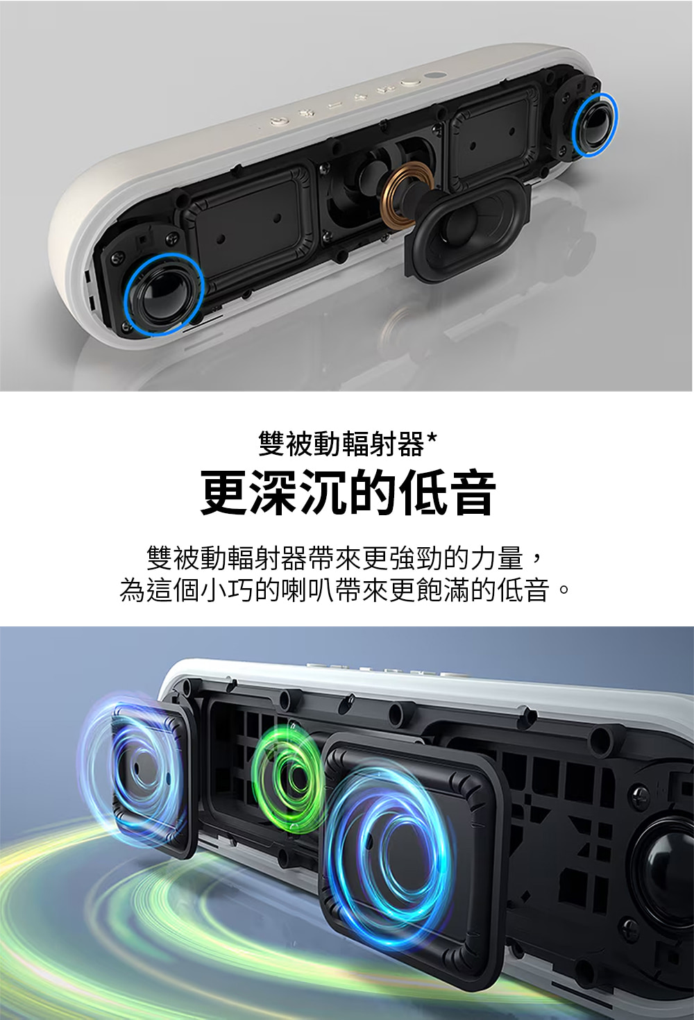 雙被動輻射器 更深沉的低音 雙被動輻射器帶來更強勁的力量, 為這個小巧的喇叭帶來更飽滿的低音。 