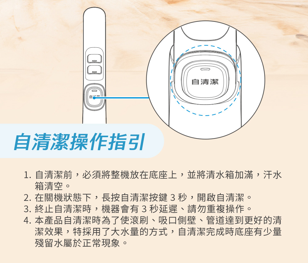 1. 自清潔前,必須將整機放在底座上,並將清水箱加滿,汗水