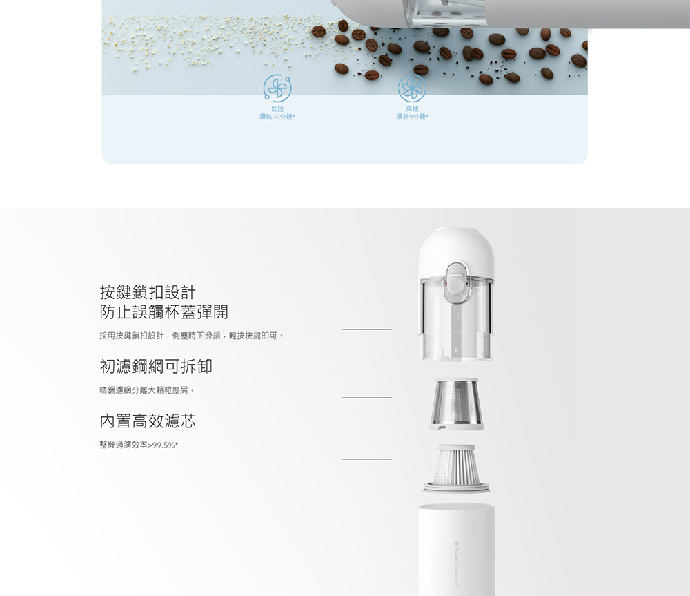 採用按鍵鎖扣設計,倒塵時下滑鎖,輕按按鍵即可。