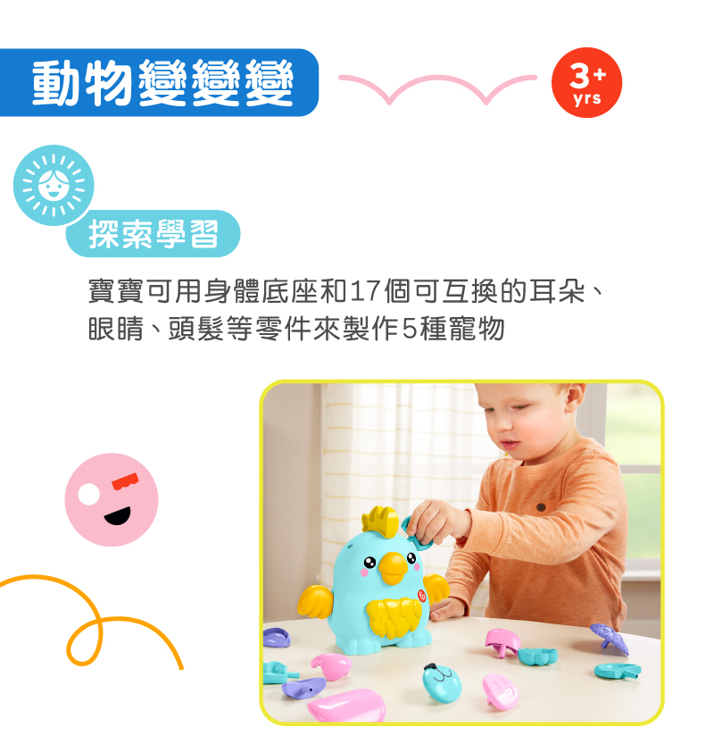 動物變變變 探索學習 寶寶可用身體底座和17個可互換的耳朵、 眼睛、頭髮等零件來製作5種寵物