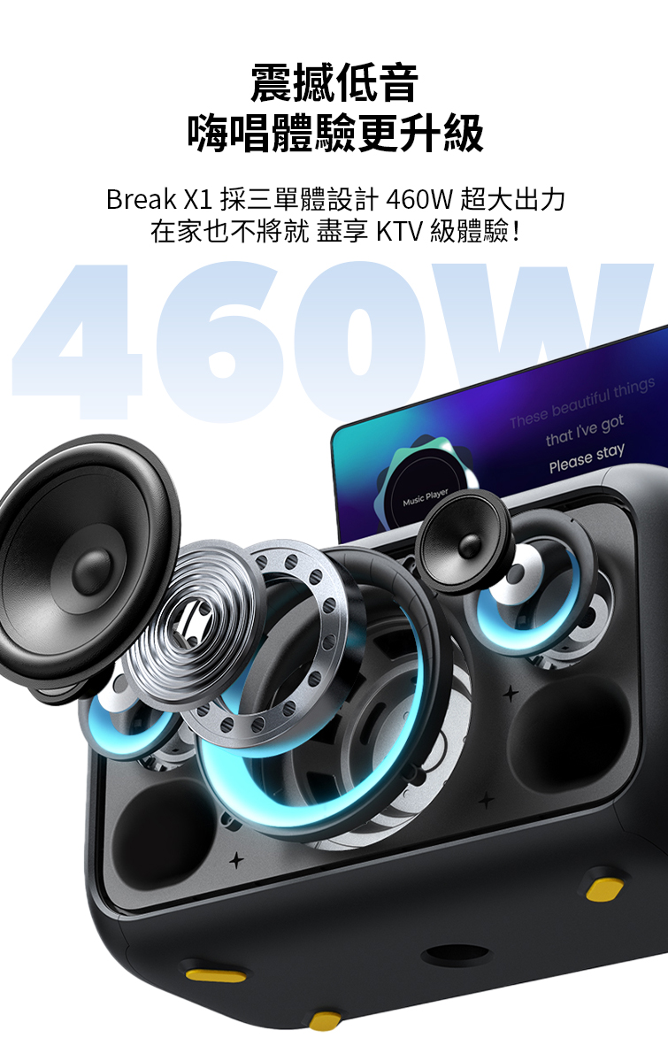 震撼低音 嗨唱體驗更升級 Break X1 採三單體設計460W 超大出力 在家也不將就 盡享 KTV 級體驗