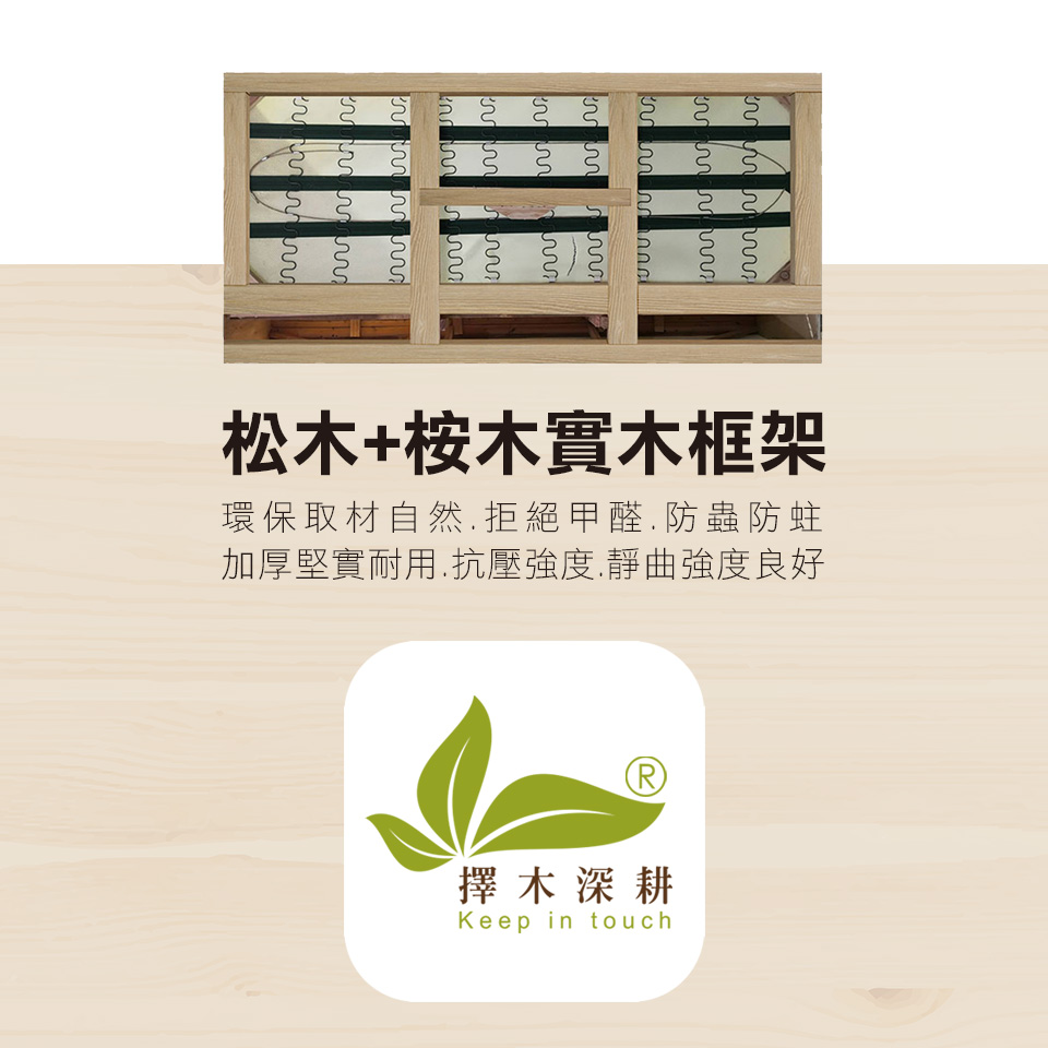 松木桉木實木框架 環保取材自然,拒絕甲醛,防蟲防蛀 加厚堅實耐用,抗壓強度,靜曲強度良好 擇木深耕 