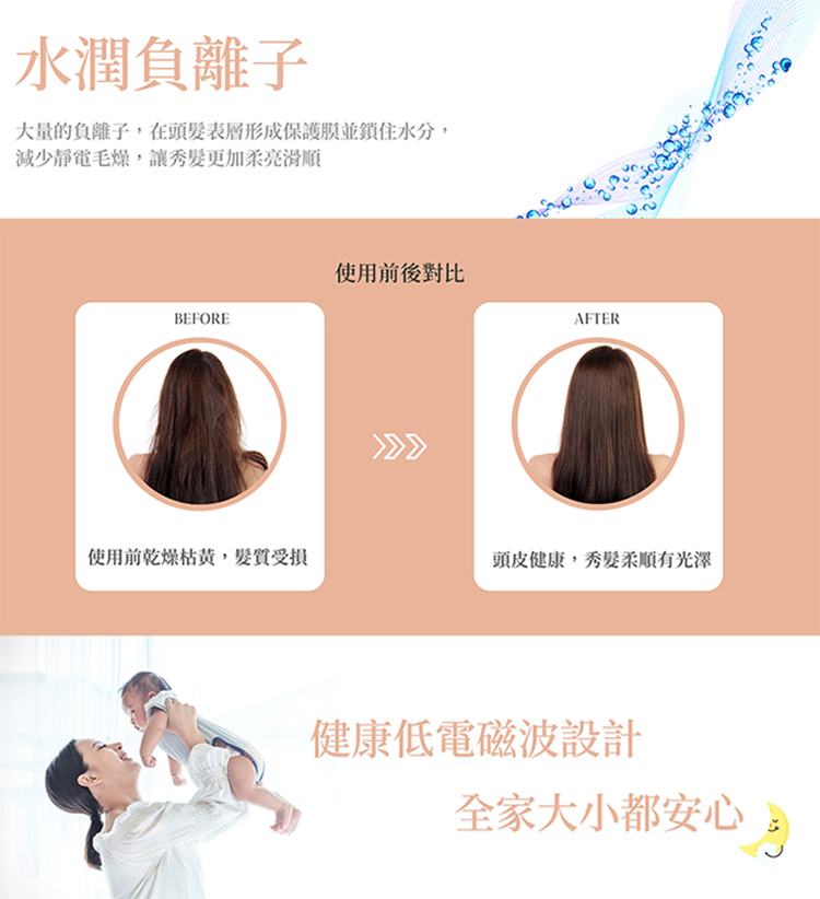 大量的負離子,在頭髮表層形成保護膜並鎖住水分,
