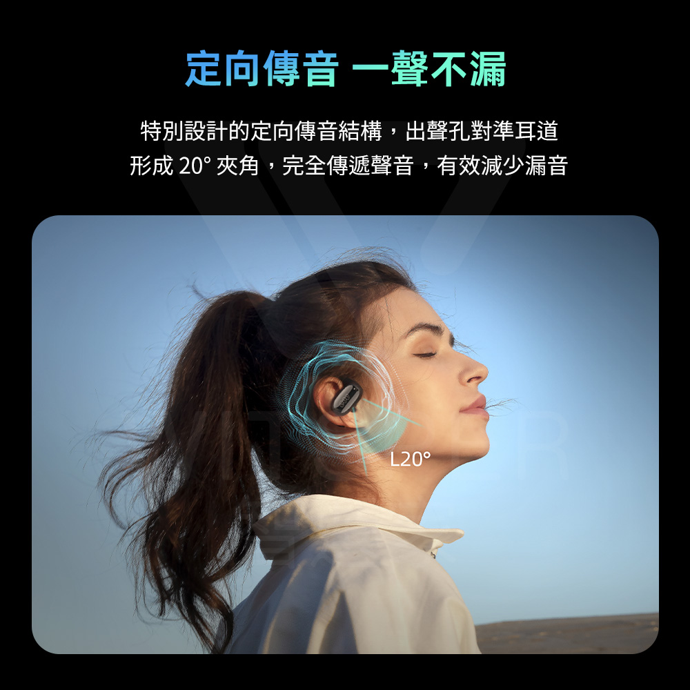 定向傳音 一聲不漏 特別設計的定向傳音結構,出聲孔對準耳道 形成 20夾角,完全傳遞聲音,有效減少漏音 
