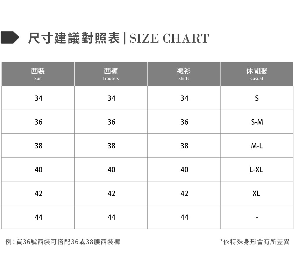 例買36號西裝可搭配36或38腰西裝褲