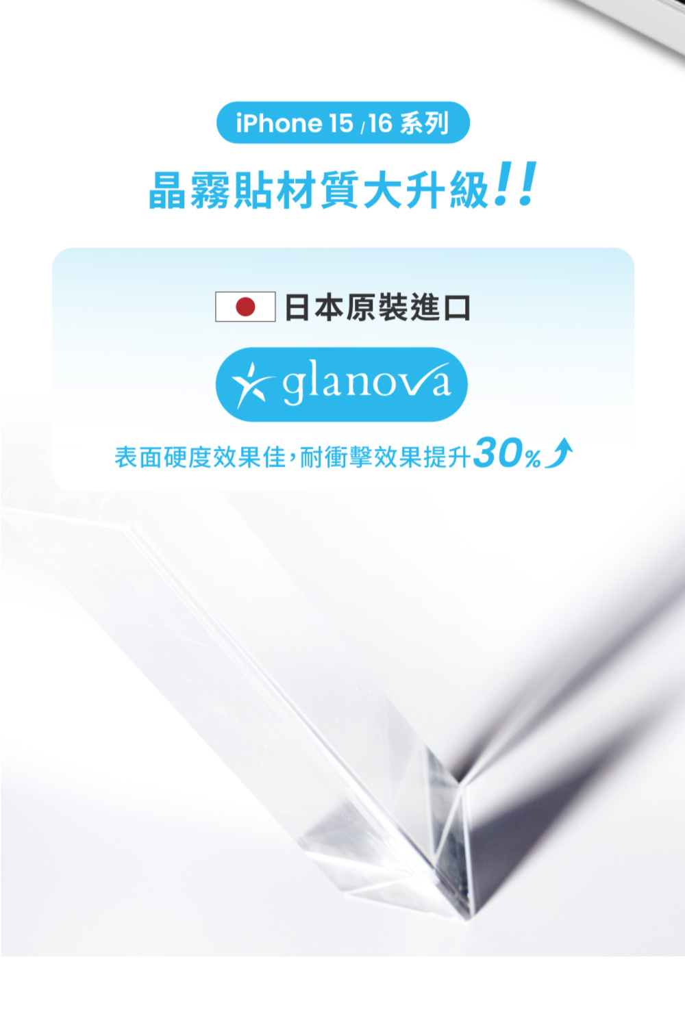 iPhone 15 16系列 晶霧貼材質大升級 日本原裝進口 表面硬度效果佳,耐衝擊效果提升30%