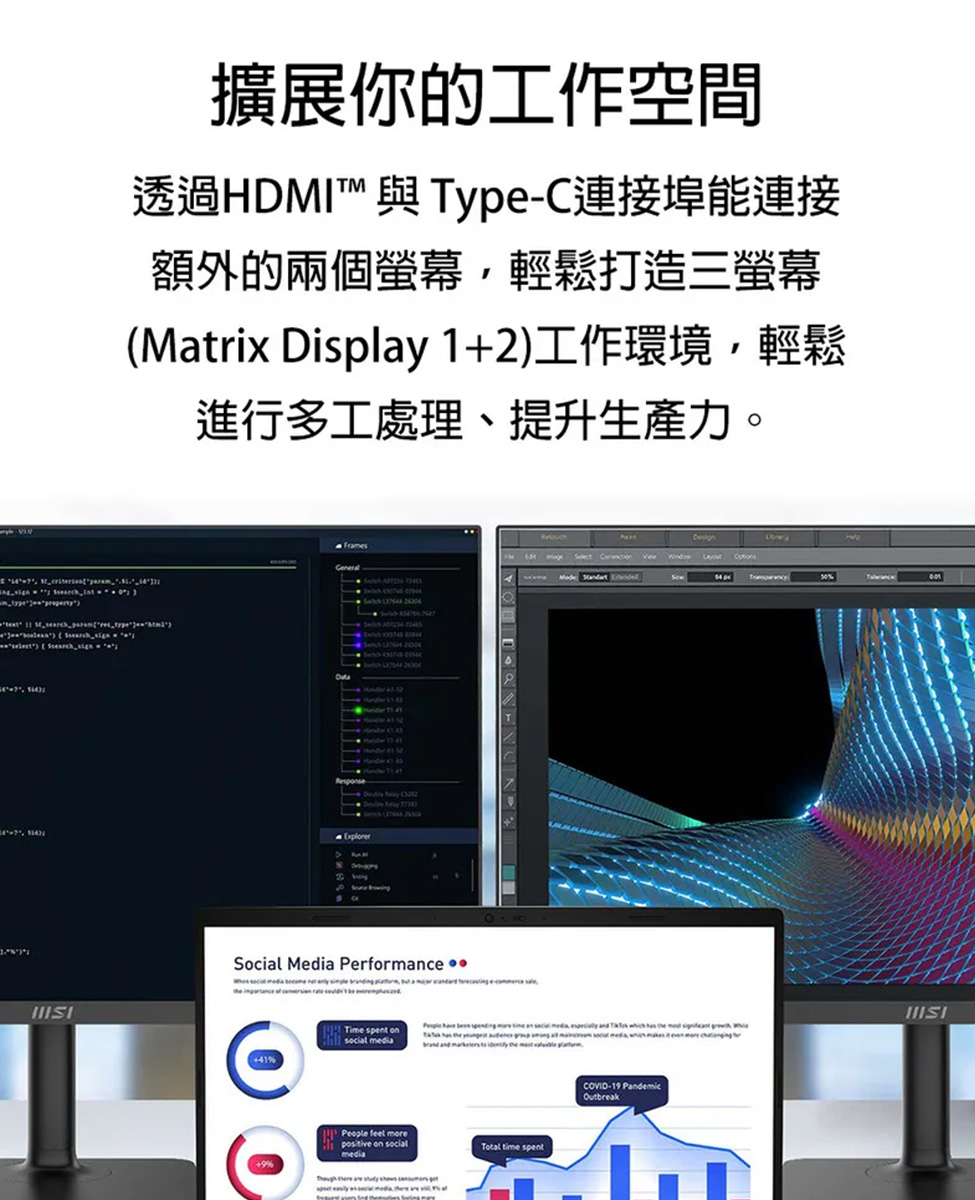 擴展你的工作空間 透過HDMI 與 TypeC連接埠能連接 額外的兩個螢幕,輕鬆打造三螢幕 Matrix Display12工作環境,輕鬆 進行多工處理、提升生產力。