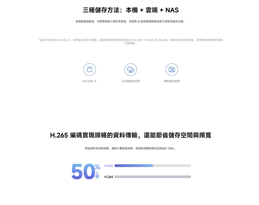 包裝中未随附 MicroSD 卡,使用者必須另行購買。建議使用認證製造商生產的MicroSD 卡16GB至256GB。雲端儲存是付費功能,需要購買雲端儲存服務