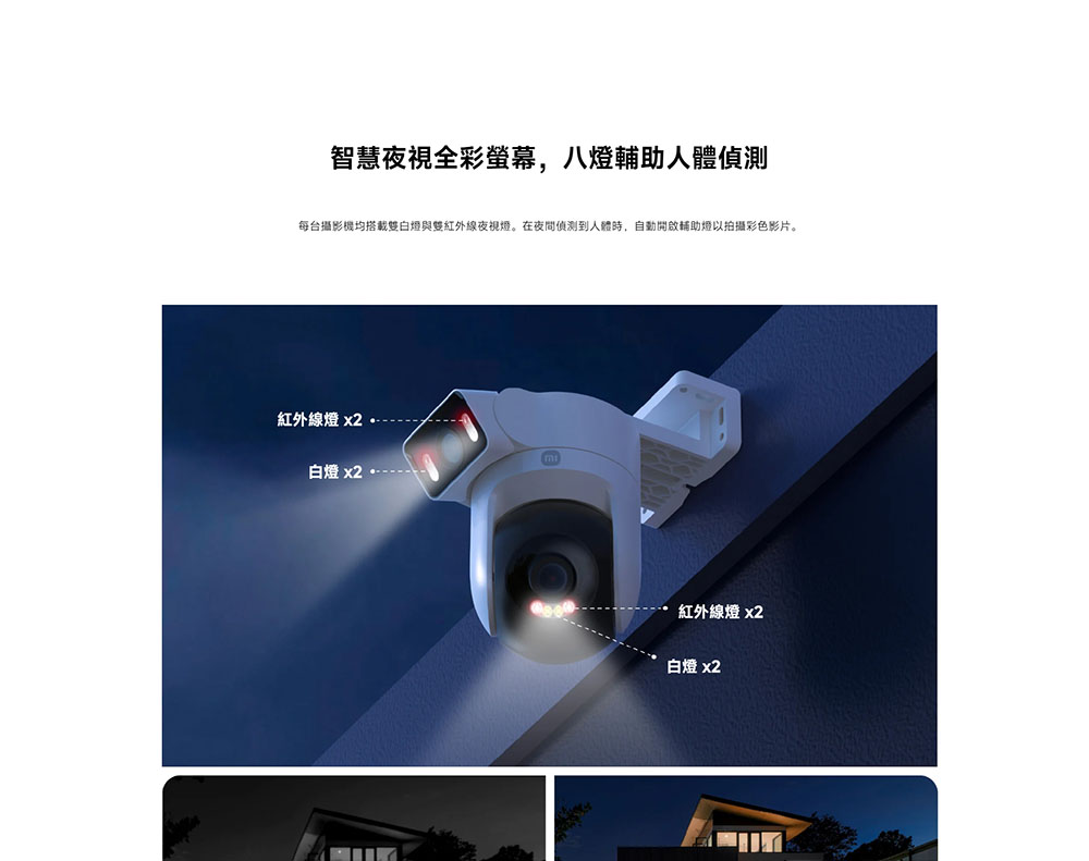 每台攝影機均搭載雙白燈與雙紅外線夜視燈。在夜間偵測到人體時,自動開啟輔助燈以拍攝彩色影片。