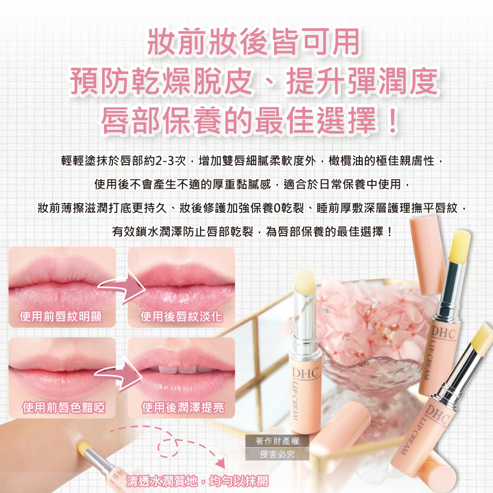 妝前薄擦滋潤打底更持久、妝後修護加強保養0乾裂、睡前厚敷深層護理撫平唇紋,