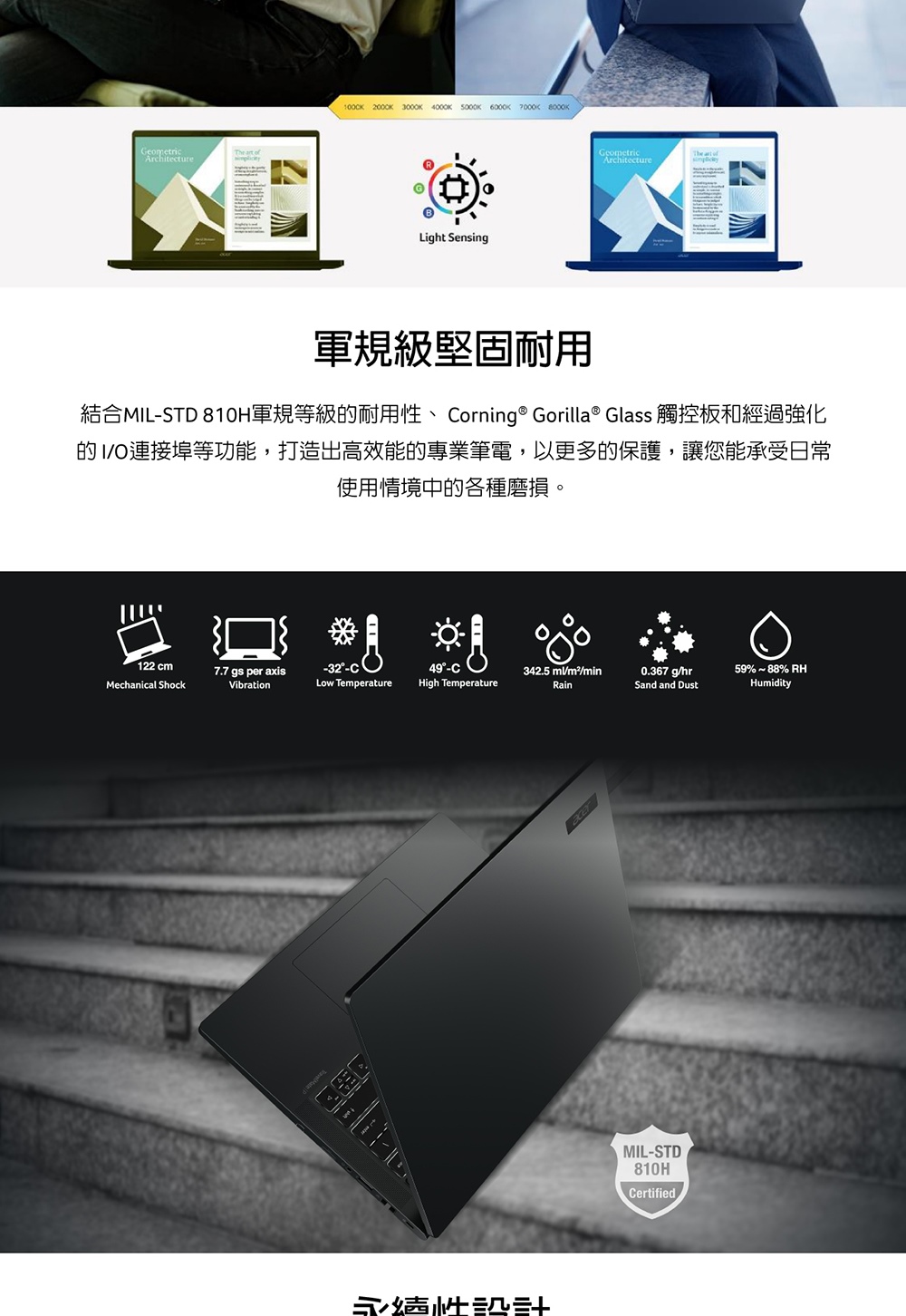 軍規級堅固耐用 結合MILSTD 810H軍規等級的耐用性、Corning  Gorilla Glass 觸控板和經過強化 的IO連接埠等功能,打造出高效能的專業筆電,以更多的保護,讓您能承受日常 使用情境中的各種磨損。 永續性染社 
