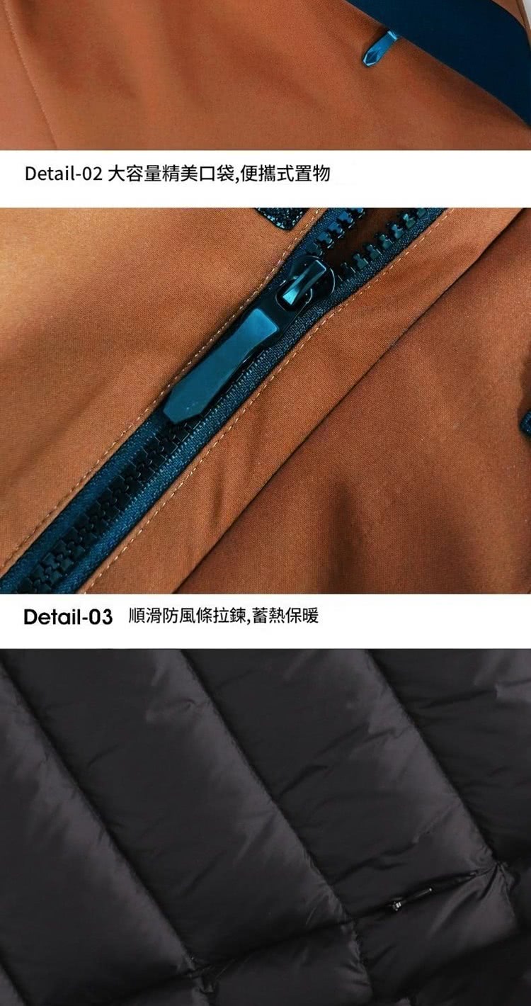 Detail02 大容量精美口袋,便攜式置物 Detail03 順滑防風條拉鍊,蓄熱保暖 