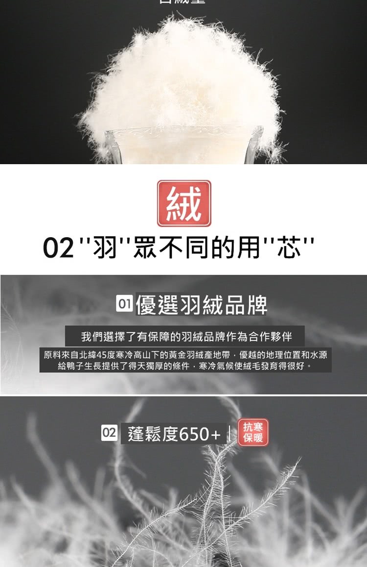 原料來自北緯45度寒冷高山下的黃金羽絨產地帶優越的地理位置和水源