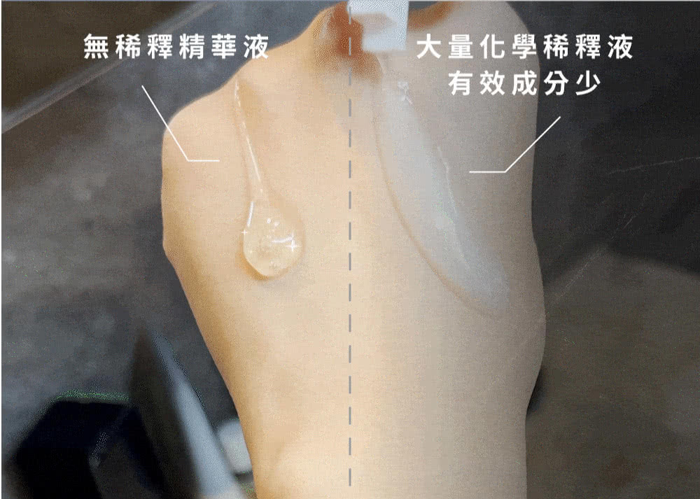 無稀釋精華液 大量化學稀釋液 有效成分少 