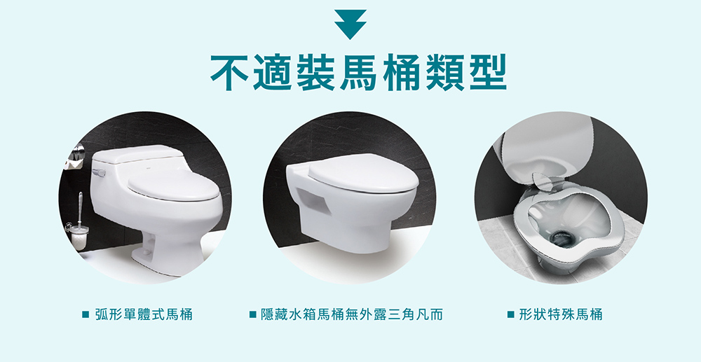 不適裝馬桶類型 弧形單體式馬桶 隱藏水箱馬桶無外露三角凡而 形狀特殊馬桶 