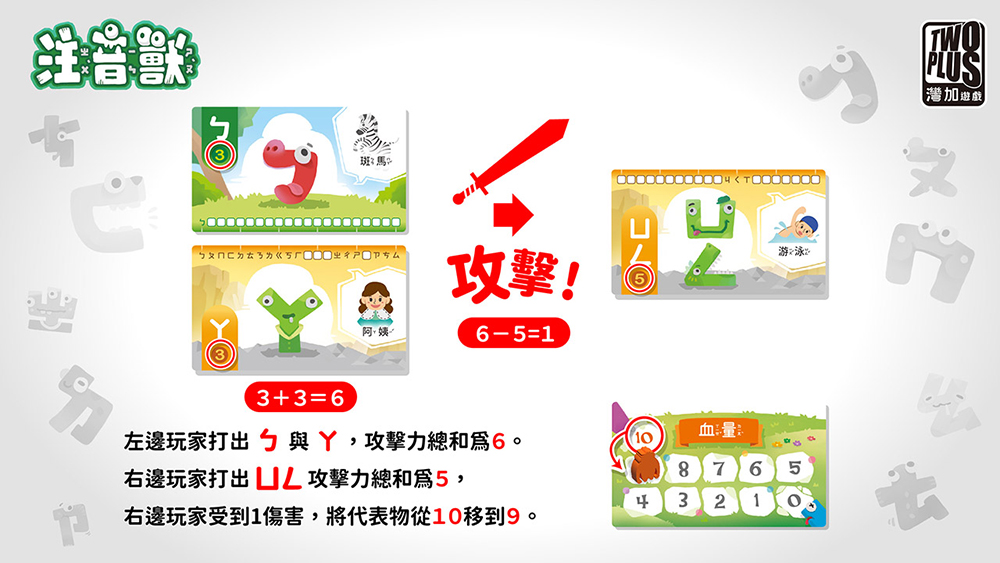 右邊玩家受到1傷害,將代表物從10移到9。